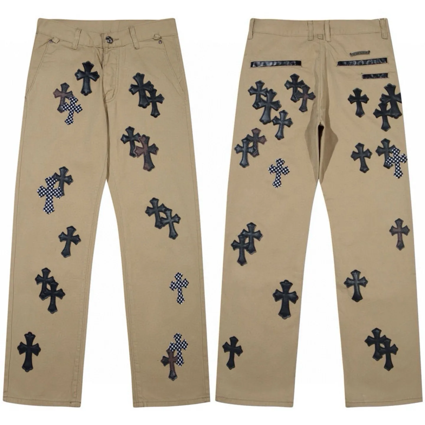 P270 💰 (Top version) Chrome Hearts CH khaki camouflage checkerboard horse hair cross patch leather jeans. Original purchased and patterned to truly restore the ultimate texture of Vintage. Italian special cowhide print and then cut. Customized sheepskin three-layer thick line leather. The whole body is spliced in heavy water washing process. Craftsmen hand-splash ink. You can see the details. Three-dimensional cutting version. Loose and comfortable. Not picky on the figure. Look tall and slim. Factory precision work. Original quality control. Same style for men and women. Can be matched with couples. Versatile recommendation. Must-have jeans for all seasons. Color: Khaki Size: 28-30-32-34 (corresponds to S-M-L-XL)
